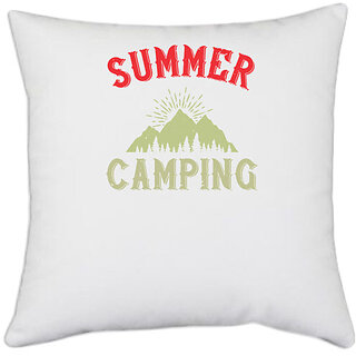                       UDNAG White Polyester 'Adventure Mountain | summer camping' Pillow Cover [16 Inch X 16 Inch]                                              