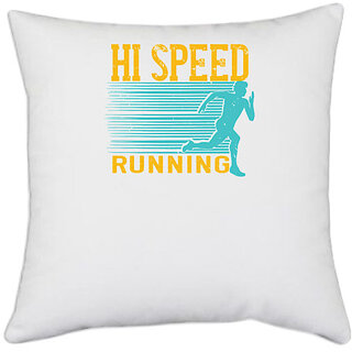                       UDNAG White Polyester 'Running | hi speed running' Pillow Cover [16 Inch X 16 Inch]                                              