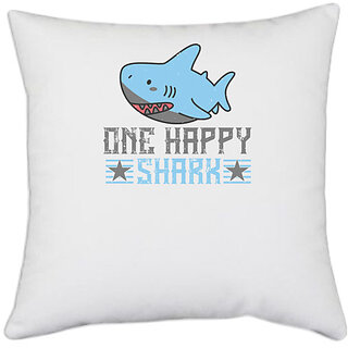                       UDNAG White Polyester 'Shark | one happy shark' Pillow Cover [16 Inch X 16 Inch]                                              