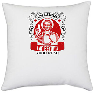                       UDNAG White Polyester 'Job | Your blessings lay beyond your fear' Pillow Cover [16 Inch X 16 Inch]                                              