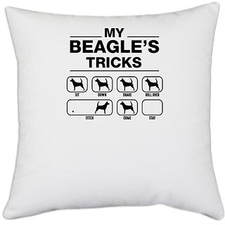 UDNAG White Polyester 'Dog | My Beagles tricks' Pillow Cover [16 Inch X 16 Inch]