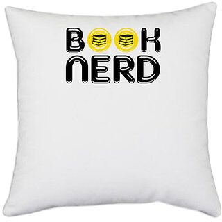                       UDNAG White Polyester 'Reading | Book nerd' Pillow Cover [16 Inch X 16 Inch]                                              
