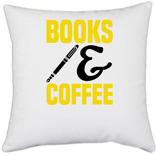                       UDNAG White Polyester 'Reading | Books pen and coffee' Pillow Cover [16 Inch X 16 Inch]                                              