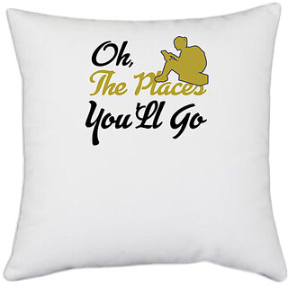                       UDNAG White Polyester 'Travelling | Oh, the piece you all go' Pillow Cover [16 Inch X 16 Inch]                                              