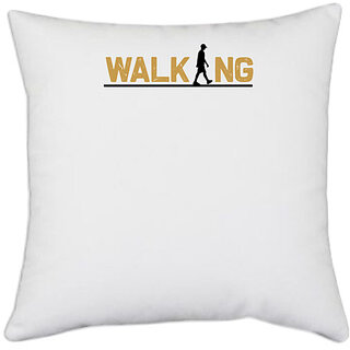                       UDNAG White Polyester 'walking | Walking' Pillow Cover [16 Inch X 16 Inch]                                              