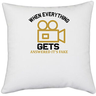                       UDNAG White Polyester 'Television | When everything gets answered its fake' Pillow Cover [16 Inch X 16 Inch]                                              