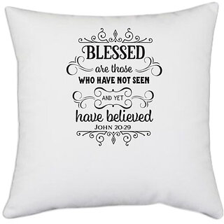                       UDNAG White Polyester 'Blessing | Blessed' Pillow Cover [16 Inch X 16 Inch]                                              