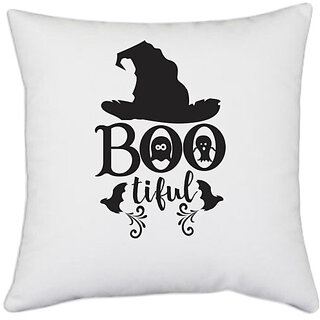                       UDNAG White Polyester 'Boo | Bootiful' Pillow Cover [16 Inch X 16 Inch]                                              