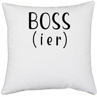                       UDNAG White Polyester 'Boss | Bossier' Pillow Cover [16 Inch X 16 Inch]                                              