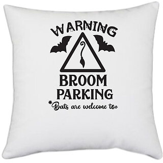                       UDNAG White Polyester 'Witch | Broom Parking' Pillow Cover [16 Inch X 16 Inch]                                              