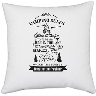                       UDNAG White Polyester 'Camping | Camping Rules' Pillow Cover [16 Inch X 16 Inch]                                              