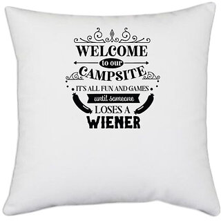                       UDNAG White Polyester 'Camping | Campsite Sign' Pillow Cover [16 Inch X 16 Inch]                                              