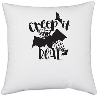                       UDNAG White Polyester 'Witch | Creep it real' Pillow Cover [16 Inch X 16 Inch]                                              