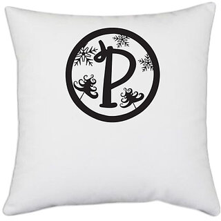                       UDNAG White Polyester 'Christmass | Christmas Monogram Alphabet P' Pillow Cover [16 Inch X 16 Inch]                                              