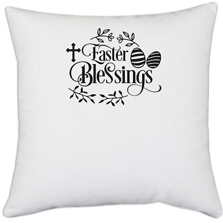                       UDNAG White Polyester 'Easter | Easter Blessings' Pillow Cover [16 Inch X 16 Inch]                                              