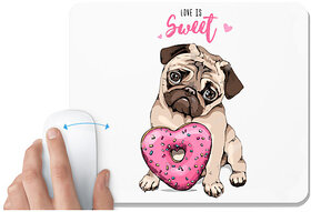 UDNAG White Mousepad 'Pug & Doughnut | Pug with Pink Heart Doughnut' for Computer / PC / Laptop [230 x 200 x 5mm]