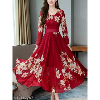                       Neoen Maroon Floral Border Printe Long Dress                                              