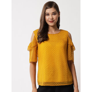                       Vivient Women Yellow Dotted Cold Shoulder Top                                              