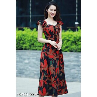 Neoen Black With Red Lotas Print Long Dress Neoen Black With Red Lotas Print Long Dress