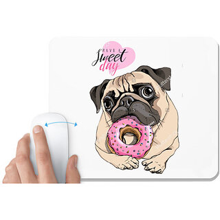 UDNAG White Mousepad 'Pug & Doughnut | Pug with Pink Round Doughnut' for Computer / PC / Laptop [230 x 200 x 5mm]