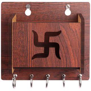 POCKESTER Brown Swastik Design With Mobile Box Wood Key Holder (5 Hooks)