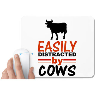                       UDNAG White Mousepad 'Cows | easily distracted by cows' for Computer / PC / Laptop [230 x 200 x 5mm]                                              