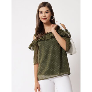                       Vivient women green dotted shoulder strap top                                              