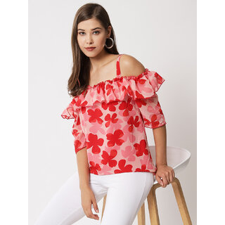                       Vivient women pink floral printed shoulder strap top                                              