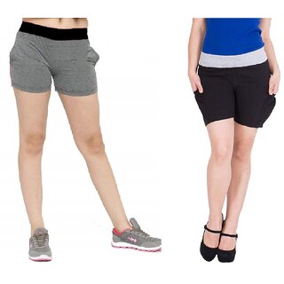                       FeelBlue Stylish Cotton Hot Pants/Shorts for Women ideal for Cycling, Gym, Yoga(Black  Dgrey, Pack of 2pc)                                              