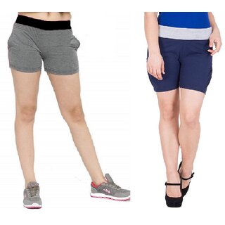                       FeelBlue Stylish Cotton Hot Pants/Shorts for Women ideal for Cycling, Gym, Yoga(Dgrey and Navy Blue, Pack of 2pc)                                              