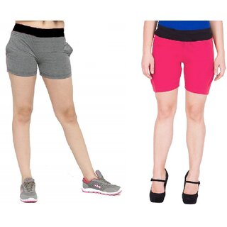                       FeelBlue Stylish Cotton Hot Pants/Shorts for Women ideal for Cycling, Gym, Yoga(Dgrey and Rani, Pack of 2pc)                                              