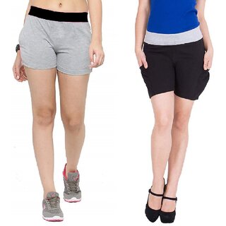                      FeelBlue Stylish Cotton Hot Pants/Shorts for Women ideal for Cycling, Gym, Yoga(LGrey and Black, Pack of 2pc)                                              