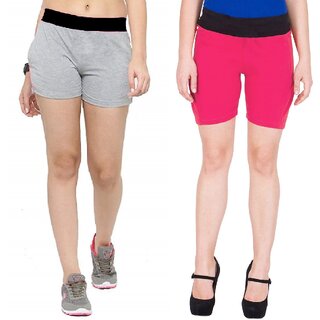                       FeelBlue Stylish Cotton Hot Pants/Shorts for Women ideal for Cycling, Gym, Yoga(Lgrey and Rani, Pack of 2pc)                                              