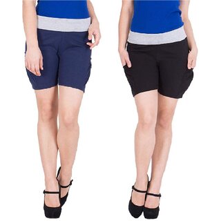                       FeelBlue Stylish Cotton Hot Pants/Shorts for Women ideal for Cycling, Gym, Yoga(Navy Blue and Black, Pack of 2pc)                                              