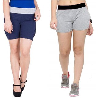                       FeelBlue Stylish Cotton Hot Pants/Shorts for Women ideal for Cycling, Gym, Yoga(Navy and Lgrey, Pack of 2pc)                                              