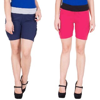                       FeelBlue Stylish Cotton Hot Pants/Shorts for Women ideal for Cycling, Gym, Yoga(Navy Blue and Rani, Pack of 2pc)                                              