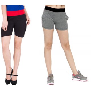                       FeelBlue Stylish Cotton Hot Pants/Shorts for Women ideal for Cycling, Gym, Yoga(Black and Dgrey, Pack of 2pc)                                              