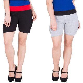                       FeelBlue Stylish Cotton Hot Pants/Shorts for Women ideal for Cycling, Gym, Yoga(Black and Lgrey, Pack of 2pc)                                              