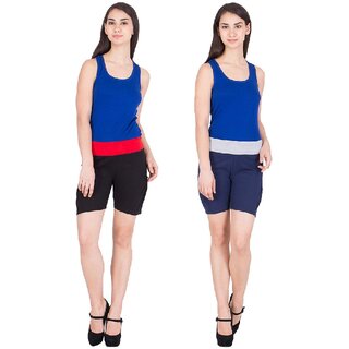                       FeelBlue Stylish Cotton Hot Pants/Shorts for Women ideal for Cycling, Gym, Yoga(Black and Navy Blue, Pack of 2pc)                                              