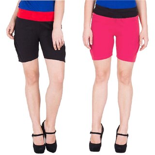                       FeelBlue Stylish Cotton Hot Pants/Shorts for Women ideal for Cycling, Gym, Yoga(Black and Rani, Pack of 2pc)                                              