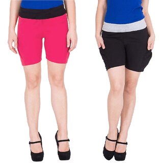                       FeelBlue Stylish Cotton Hot Pants/Shorts for Women ideal for Cycling, Gym, Yoga(Rani and GBlack, Pack of 2pc)                                              