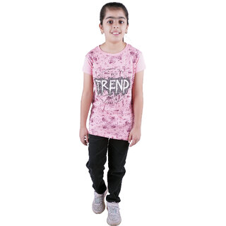                       Kid Kupboard  Pure Cotton  Half-Sleeves  Girls  Pink  Solid  T-Shirt  Round Neck                                              