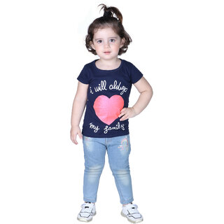                       Kid Kupboard  Pure Cotton  Half-Sleeves  Girls  Dark Blue  Solid  T-Shirt  Round Neck                                              