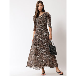                      Vivient women white mix tiger printed cold shoulder long dress                                              