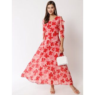                       Vivient women pink floral printed cold shoulder dress                                              