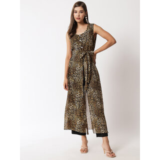                       Vivient  women tiger printed georgette  long  front slit dress                                              