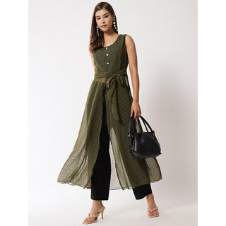                       Vivient women green dotted georgette long front slit dress                                              