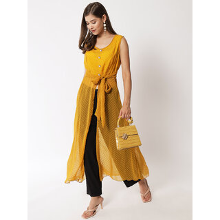                       Vivient Women Mustard Dotted Georgette Long Front Slit Dress                                              