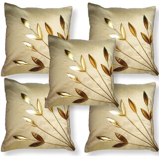                       Style Maniac Silk Decorative Golden Leaf print Cushion Covers Set of 5                                              