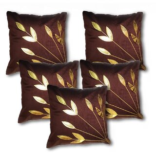                       Style Maniac Silk Decorative Golden Leaf print Cushion Covers Set of 7                                              